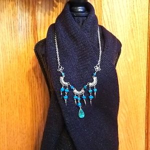 Women Blue Beads Silver Tone Necklace